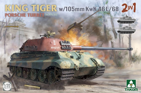 TAKOM 1/35 WWII German King Tiger SdKfz 182 Porsche Turret Heavy Tank w/105mm KwK 46L/68 Gun (2 in 1)