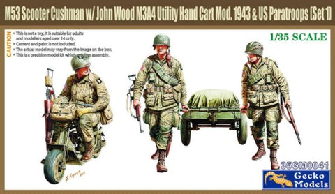 GECKO 1/35 WWII Cushman Parascooter, John Wood M3A4 Utility Hand Cart Mod 1943 & 3 US Paratroopers