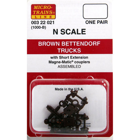 MICRO TRAINS N Bettendorf Trucks w/ short ext. couplers Brown 1 pr (1000-B)