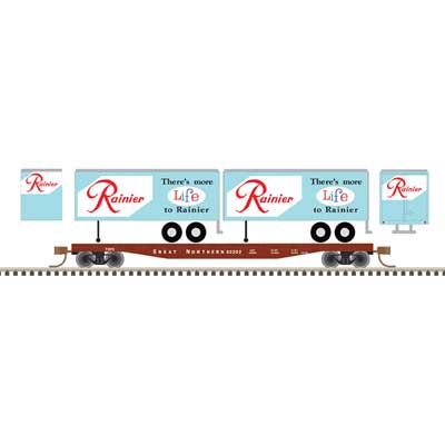 ATLAS N Flat Car, 50' w/Two Piggyback 24' Rainier Beer Trailers, Great Northern #60220