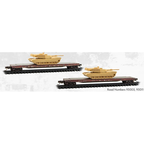 MICRO TRAINS N 57' CONVERTED TOFC FLAT CAR ATCHISON, TOPEKA & SANTA FE WEATHERED 2-PACK W/ M1 ABRAMS TANK KIT #95005, #95011