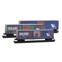 MICRO-TRAINS N Boxcar, 50' Rib Side Single Door, Rail Link 3-pack (weathered)