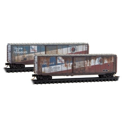 MICRO-TRAINS N Boxcar, 50' Rib Side Single Door, 'Share the Freedom' 2-pack (weathered)