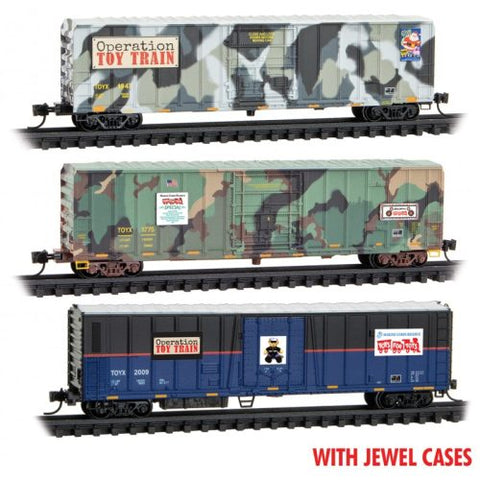 MICRO-TRAINS N Boxcar, 50' Rib Side Plug Door, Toys-For-Tots Operation Toy Train 3-PACK