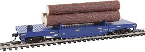 WALTHERS HO Log Dump Car with 3 Logs - Ready to Run Alaska Railroad #17102 (blue, yellow Conspicuity Marks)