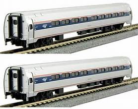 KATO Amfleet I Coach 2-Pack - Ready to Run -- Amtrak #82039, 82755 (Set A: Phase VI; Wide blue Stripe, Travelscape Logo)