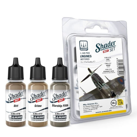 MIG Engines (Motors) Shader Matt Acrylic Paint Set (3 Colors) 17ml Bottles