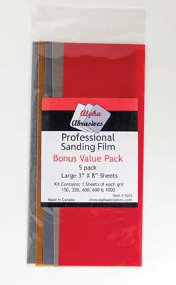 PROFILE Professional Sanding Film 3 x 8" 7.6 x 20.3cm Sheets -- Includes: 1 Each 150, 320, 480, 600 and 1000 Grit
