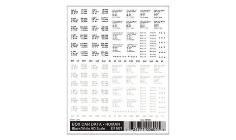 WOODLAND SCENICS Dry Transfer: Box Car Data Roman Black/White HO Scale