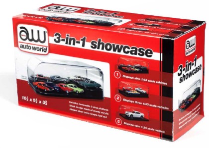 AUTO WORLD 3-in-1 Auto Plastic Display Showcase for 1/64, 1/43, 1/24 w/Black Base & Interchangeable Inserts