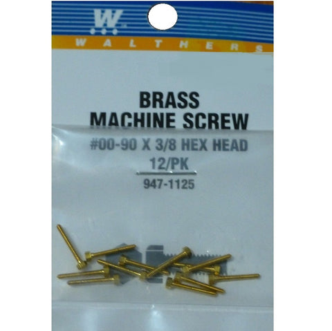 WALTHERS 00-90 Brass Hex Head Machine Screws -- 3/8 x .047" .95 x .12cm pkg(12)