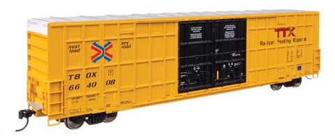 WALTHERS 60' High Cube Plate F Horizontal Post Boxcar - Ready to Run -- TTX TBOX #664008 (yellow, black, Standard Lettering)