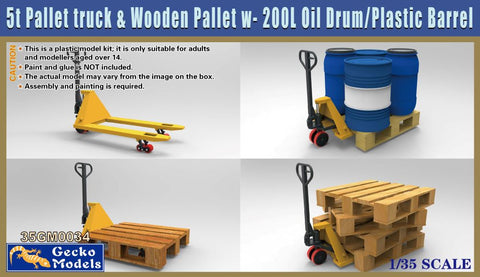 GECKO 1/35 5-Ton Pallet Truck & Wooden Pallet w/200L Oil Drums & Barrels