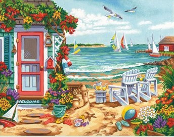 DIMENSIONS Summertime Inlet (Beach, Chairs, House, Sailboats) Paint by Number (14"x11")