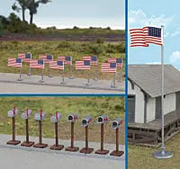 WALTHERS HO Flags (11) and Mailboxes (8) -- American Flags (48 Stars, 1912-1959)