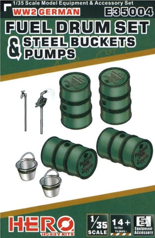 HERO HOBBY 1/35 WWII German Fuel Drums (4), Pump Pipes (2) & Steel Buckets (2)