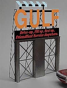 MICRO STRUCTURES Animated Neon Billboard w/Photo Etched Stanless Steel Support Structure -- Gulf "Drive Up, Fill Up, Rest Up. Friendliest Service Anywhere."