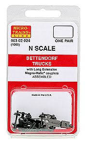 MICRO TRAINS N Bettendorf Trucks w/ long ext. couplers 1 pr (1002)