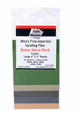 PROFILE Micro Fine Assorted Sanding Film - Sheets - 4 x 4" 10.2 x 10.2cm -- 1 Each: 15000-, 20000-, 30000-, 40000- & 60000-Grit