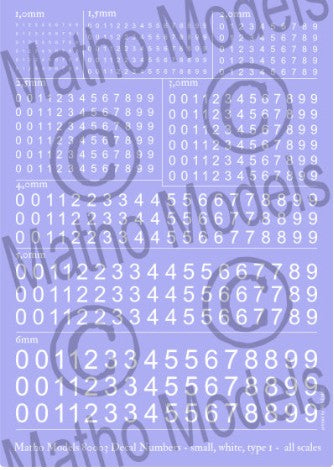 MATHO MODELS Multi-Scale White Small Type 1 Numbers Decal