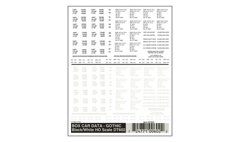 WOODLAND SCENICS Dry Transfer: Box Car Data Gothic Black/White HO Scale