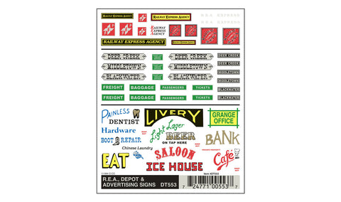 WOODLAND SCENICS Dry Transfer: R.E.A., Depot & Advertising Signs