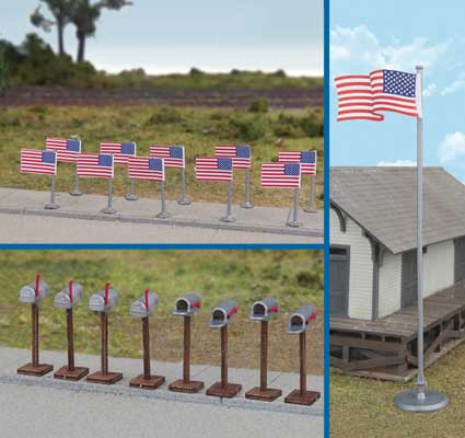 WALTHERS HO Flags (11) and Mailboxes (8) -- American Flags (50 Stars, 1959-Present)
