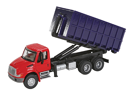 WALTHERS International(R) 4300 Dual-Axle Dumpster Carrier Truck - Assembled -- Red Cab, Blue DumpsterAl