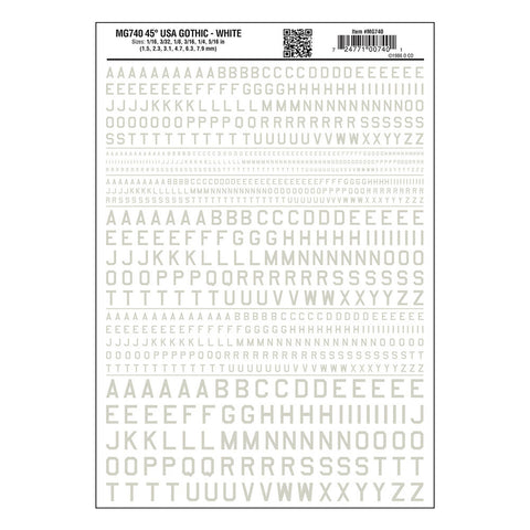 WOODLAND SCENICS Dry Transfer: Letters, 45° USA Gothic, White