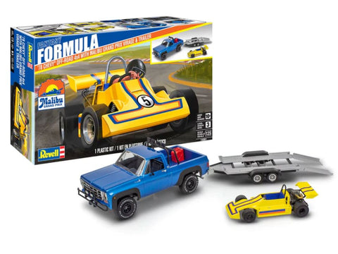 REVELL 1/25 1978 Chevy Off-Road 4x4 Pickup Truck w/Malibu Grand Prix Virage Race Car & Trailer