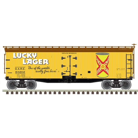 ATLAS HO 40' Wood Reefer Lucky Lager #60197 (yellow, brown, red, white)