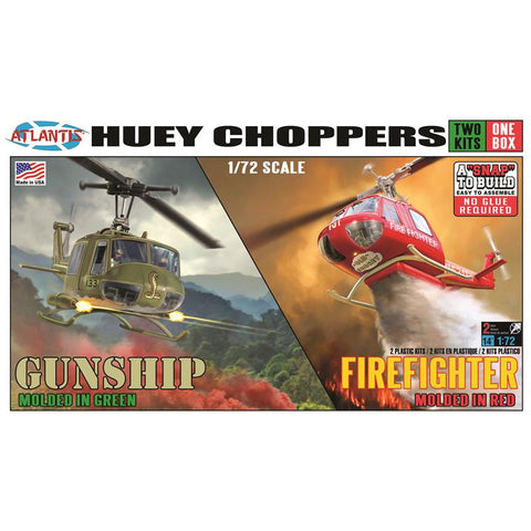 ATLANTIS 1/72 Huey Choppers (2): US Army Gunship & Firefighter Helicopter (Snap)