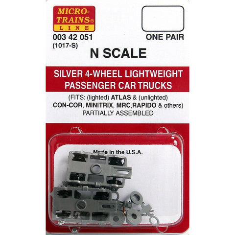 MICRO TRAINS N 4-Wheel Passenger Car Trucks w/ adj.couplers Silver 1 pr (1017S)