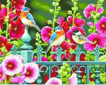 DIMENSIONS Hollyhock Gate (Flowers/Birds) Paint by Number (14"x11")