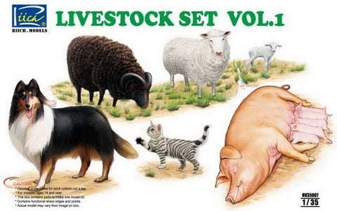 RIICH 1/35 Livestock Set Vol.1: Sheep, Ram, Pigs w/Piglets, Dog, Cat