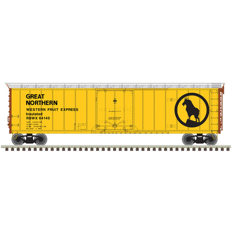 ATLAS HO 50' Plug-Door Boxcar - Ready to Run -- Great Northern RBWX 64140 (yellow, silver, brown, WFE Lettering, Rocky Logo)