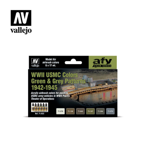 VALLEJO 	17ml Bottle AFV WWII USMC Green & Grey Patterns 1942-1945 Model Air Paint Set (6 Colors)