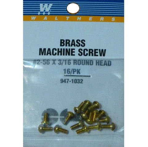 WALTHERS 2-56 Brass Round Head Machine Screws -- 3/16 x .086" .48 x .22cm pkg(16)