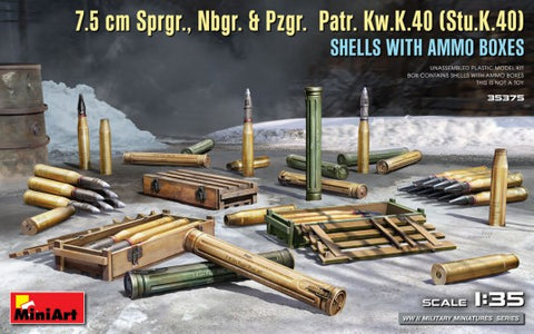 MINIART 1/35 7.5cm Sprgr., Nbgr. & Pzgr. Patr. KwK40 (StuK40) Shells w/Ammo Boxes