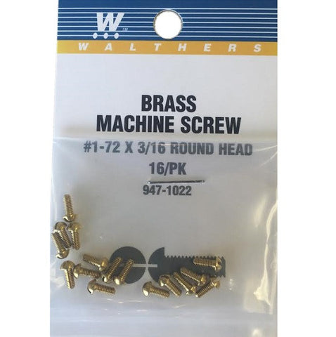 WALTHERS 1-72 Brass Round Head Machine Screws -- 3/16 x .073" .48 x .19cm pkg(16)